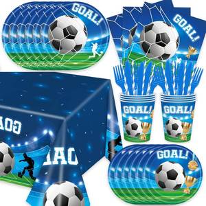 lot 6301 image: 141Pcs Soccer Birthday Party Decorations Disposable Football Birthday Plates and Napkins, Tablecloth, Cutlery, Cups Sets Supplies Baby Shower Supplies Soccer Party Decorations