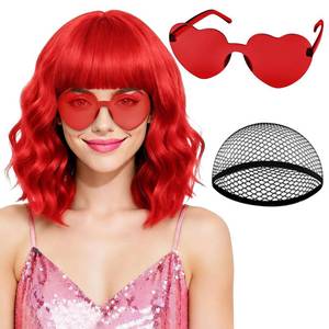 lot 6305 image: PLULON Red Wavy Bob Wig with Bangs Heart Sunglasses for Women, Colored Neon Funny Party Curly Bob Wigs Synthetic Hair for Valentines Day Christmas Halloween Cosplay Costume Bachelorette Party