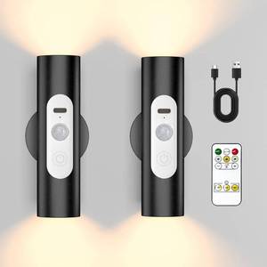 lot 6334 image: WOBSION Motion Sensor Wall Light with Remote Control, Rechargeable Wireless Wall Sconce, Brightness Adjustable, 3 Color Mode,Indoor Lamp for Hallway, Bedroom,Picture,LED,Black,2 Pack