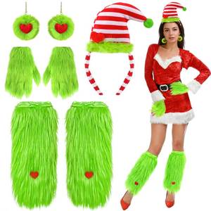 lot 6435 image: Shihanee 4pcs Christmas Green Big Furry Monster Costume Santa Accessories for Women Lime Green Fuzzy Faux Leg Warmer Gloves Headband Hearted Earrings for Adult Xmas Holiday Cosplay Party Outfit