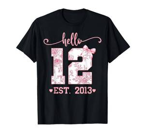 lot 6446 image: Size M color white Hello Twelve EST 2013 12th Birthday Girl Coquette 12 Year T-Shirt