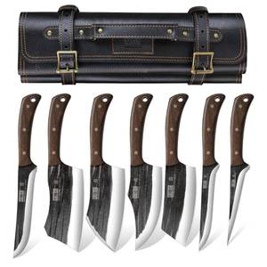 lot 6480 image: HOSHANHO Butcher Knife Set, Hand Forged Butcher Chef Knife Set with Roll Bag, Sharp Meat Cleaver Knife & Bone Chopper Knives & Fillet Knives for Home & Camping & BBQ Gift for Men