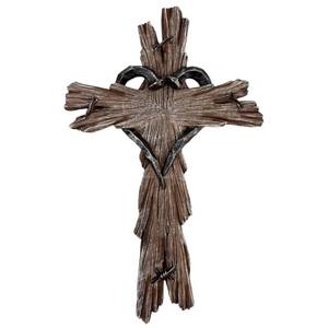 lot 6494 image: Rustic Wood-Look Resin Wall Cross with Barbed Wire & Nail Heart Accents �� 11 ��� Christian Farmhouse Wall D�cor, Inspirational Religious Gift (Rustic Brown)