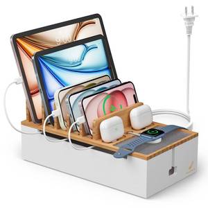 lot 7060 image: Pezin Hulin Multi Devices Charging Station, with USB Power Adapter HUB, and 6 Wire Cables - Cord Organizer Management, Cell Phone Charger Dock Stand, Desktop Cord Hider Box - Natural White