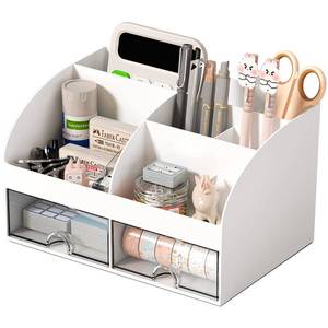 lot 7061 image: COMFYROOM Desk Organizer with 6 Compartments and 2 Drawers, Plastic Makeup Organizer, Pen Holder for Desktop Storage, Desk Organization for School, Home, Office Supplies (White)