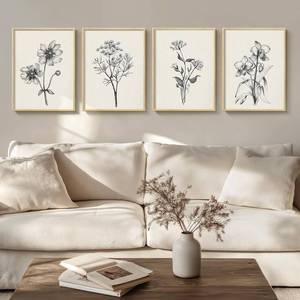 lot 7066 image: Framed Minimalist Black and White Floral Wall Art, 4 Piece Neutral Rustic Botanical Canvas Artwork for Modern Farmhouse, Vintage Flower Painting Prints for Living Room Bedroom Kitchen Wall Decor,12x16