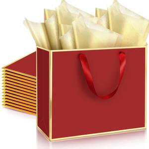 lot 7072 image: ReliThick 12 Pack Metallic Paper Gift Bag with Handles and Tissue Paper 11.8 x 10 x 4 Thank You Favor Bag for St. Patricks Day Wedding Bridesmaid Groomsman 5 Senses Gifts (Burgundy Red,Gold)
