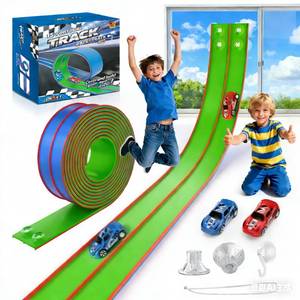 lot 7097 image: DKOXT Flexible Race Track for Kids 15 Feet of DIY Flex Track Race with 2 Cars & 3 Strong Suction Cups Car Ramp Toy Track, for Kids Ages 3, Blue Green
