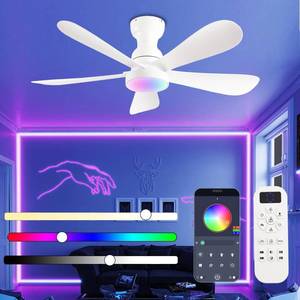 lot 7129 image: NKPU 42 Inch Ceiling Fans with Lights and RemoteApp Control, Flush Mount Ceiling Fan with RGB Dimmable Light, Noiseless Modern White Small Ceiling Fan for Bedroom IndoorOutdoor