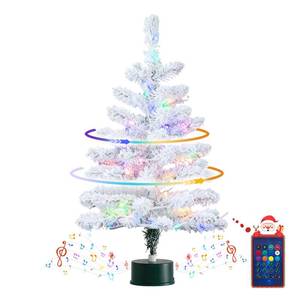 lot 7133 image: 2FT Musical Rotating Snow Flocked Prelit Small Christmas Tree, White Tabletop Christmas Tree with 50 LED Lights, Battery or USB Cable Operated, Timer, Xmas Tree for Holiday Decoration