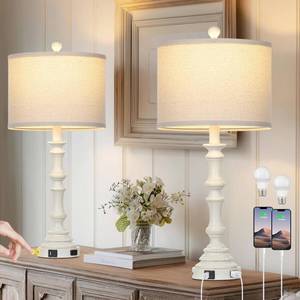 lot 7141 image: Lolikit 27.5 White Tall Lamp for Living Room, Vintage Farmhouse Table Lamps Set of 2 with USB CA Ports & AC Outlet, 3-Way Touch Control Bedside Lamps, Rustic Bedroom Lamp for Nightstand Side Table