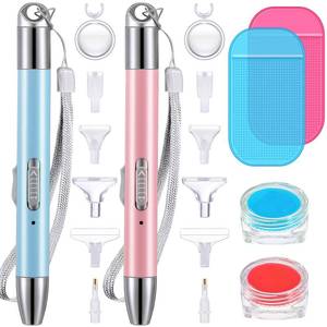 lot 8008 image: Chuangdi 2 Pcs Diamond Painting Art Drill Pen with Light Diamond Painting Accessories and Tools 12 Pen Heads 2 Anti-slip Mats 2 Wax Organizer Cases for DIY Craft Supplies(Blue, Pink)
