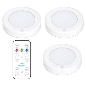 lot 8023 image: Brilliant Evolution Wireless LED Puck Light 3 Pack - Works with Remote Control - Under Cabinet, Closet Light - Battery Powered - Under Counter Lighting - Stick On Lights