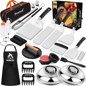 lot 11617 image: Pontual 31PCS Griddle Accessories Kit for Blackstone, Flat Top Hibachi Grill Spatula Set with 2 Melting Domes, Burger Press, Patty Maker and Apron, Professional Teppanyaki Tools Gifts for Outdoor BBQ