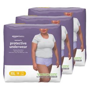 lot 11629 image: Amazon Basics Incontinence Underwear for Women, Protective, Disposable, Postpartum, Maximum Absorbency, XX-Large, Lavender, 42 Count (3 Packs of 14)