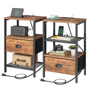 lot 13717 image: sthmec Nightstands Set of 2, Night Stands with Charging Station and Fabric Drawer, Bedside Tables with Drawers, 2- Tier Side Table with Open Shelf, Nightstands with Charging Station,Rustic Brown