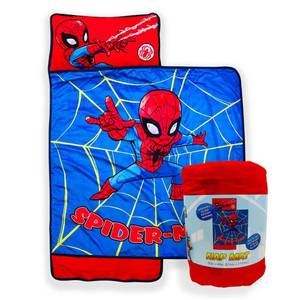 lot 13719 image: Jay Franco Kids Nap Mat with Embedded Pillow & Blanket �� Soft 46x20Microfiber Sleeping Bag with Name Tag & Handle for School, Travel, Sleepover, Blue - Spiderman