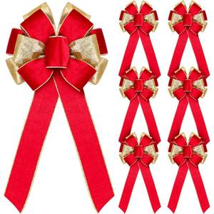 lot 13721 image: FineCheer 6 Pcs Large Christmas Bows, 10 x 20 Velvet Glitter Christmas Bow for Wreath Tree Topper Ornament Bow for Xmas Home Indoor Outdoor Front Door(Red, Gold)