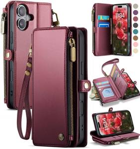 lot 14005 image: Defencase Compatible with iPhone 16 Case Wallet with RFID Blocking Card Holder for Women and Men, Fashion PU Leather Magnetic Snap Flip Zipper Strap Wallet Phone Case for iPhone 16 6.1, Wine Red
