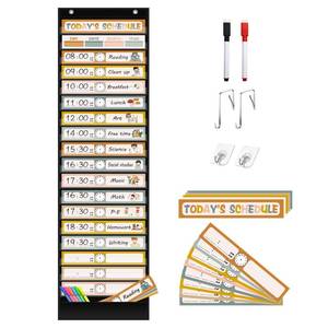 lot 14013 image: REGELETO Boho 181 Pockets Daily Schedule Pocket Chart, 30 pcs Double-Sided Reusable Cards, Scheduling Pocket Chart for Classroom Office Home School Activity(Black)