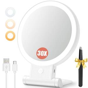 lot 14031 image: Auxmir 1X30X Magnifying Mirror with Light, Double Sided Makeup Mirror with Adjustable 3 Color Light, 2000mAh Rechargeable Lighted Magnifying Mirrors with Tweezer, Foldable Travel Mirror with Rotation