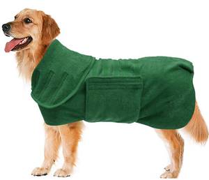 lot 14058 image: Geyecete Dog Drying Coat - Super Absorbent Pet Dog Cat Bath Robe Towel, Microfibre Fast Drying Towel, Luxuriously Soft - Green - L