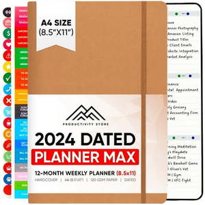 lot 14061 image: 2024 Planner 8.5 x 11 Pro Max - Dated Planner 2024-2024 Calendar 12 Month Planner & Daily Planner 2024-2025 - Leather - A4 - Productivity Store