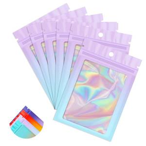 lot 14076 image: Funfery 100 Pack Gradient Holographic Bags,2.7�3.9In Mylar Resealable Bags with Zipper,Clear Window Packaging Pouch,Smell Proof Foil Bag for Food Storage,Sample Jewelry Baggies(Purple Blue)