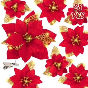 lot 14081 image: Geefuun 28PCS Christmas Tree Decorations Poinsettias Artificial Flowers Ornaments Xmas Red Glitter Flower with Clips,3 Sizes Not Included Stems