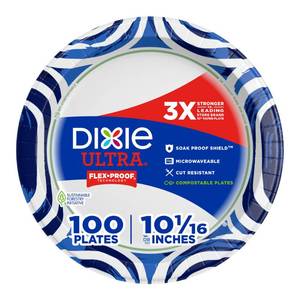 lot 14126 image: Dixie Ultra, Large Paper Plates, 10 Inch, 100 Count, 3X Stronger, Heavy Duty, Microwave-Safe, Soak-Proof, Cut Resistant, Disposable Plates For Heavy, Messy Meals