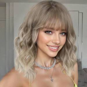 lot 14484 image: AISI HAIR Ombre Honey Glod Synthetic Wavy Curly Bob Wig with Bangs Short Wavy Hair for Women Synthetic Heat Resistant Bob Wigs