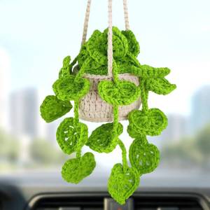 lot 14495 image: HFZRZFH Boho Crochet Plant Hanging Basket for Car Rear View Mirror Decor, Polyester, Light Green, Durable, Handmade, Cute Interior Aesthetic, Gift for Women