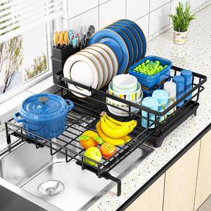 lot 15128 image: Storico Large Dish Drying Rack - Extendable Dish Rack, Dish Drainer for Kitchen Counter, Dish Drainer with Adjustable Support Legs & Utensil Holder, Black