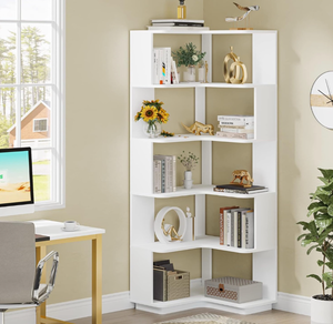 lot 15162 image: LITTLE TREE Corner Bookshelf, 64.9 Inch Tall Bookcase with Anti-Drop Panel, Modern Freestanding Corner Shelf Display Rack Storage Organizer for Home Office, Living Room, White