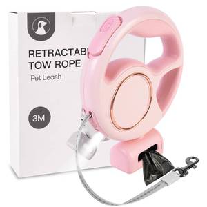 lot 16266 image: Jestrem Retractable Dog Leash with USB Rechargeable LED Light for Night Walks, 10FT Automatic Telescopic Tractor Leash with Poop Bag Holder for Small Medium Large Dog up to 88 lbs, Pink