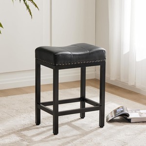 lot 11602 image: Black Leather Bar Stools with Brass Studs