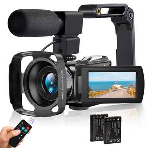lovpo Camcorder Video Camera 4K 48MP HD Camera Recorder, 18X Digital Zoo 3\ Touch Screen Vlogging Camera for YouTube with Microphone, Stabilizer, Lens Hood, Remote and 2 Batteriesin