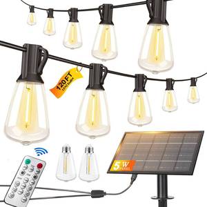lot 1257 image: BLIATLUS 120FT Solar String Lights Outdoor Waterproof with Remote Control Solar Patio Lights 302 shatterproof LED ST38 Bulbs for Porch Garden Market Bistro Patio Backyard Fence