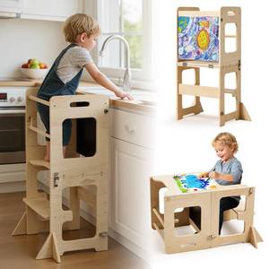 lot 1265 image: labebe Toddler Standing Tower for 12M, Montessori Foldable Learning Standing Tower with Blackboard, Anti-tip Structure Design,Wooden Kitchen Step Helper Stool for 1-3 Year Old Boy Girl Gift