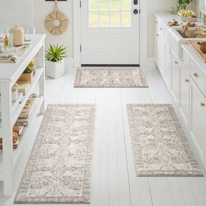 lot 1295 image: GRANNY SAYS Boho Kitchen Rug Sets of 3, Non Slip Washable Faux Wool Kitchen Mats for Floor, Thick Soft Anti-Fatigue Comfort Standing Mat Runner Rugs for Hallway Laundry Room, Beige