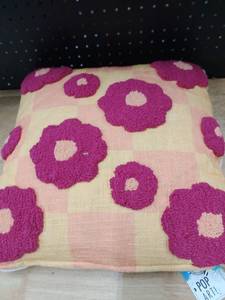 lot 1304 image: Pop art brand modern pillow orange light orange with dark purple flowers