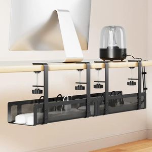 lot 1320 image: Upgraded 2 Pack Cable Management Under Desk Tray, Xpatee 27.6 No Drill Open Slots Cable Management Tray, Cord Wire Organizer Box with Clamp for Table Thickness up to 3 - No Desk Damage(Black)