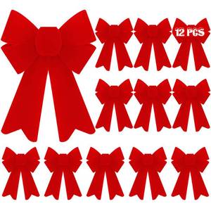 lot 2389 image: 12 PCS Christmas Bows, PVC Christmas Tree Bows 5 x 8 Inches, Red Velvet Bows for Hanging Red Xmas Outdoor Indoor Large Bows Xmas Decor Party Supplies Wreath Railing Fences