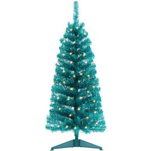 lot 2405 image: Decoway Pre-Lit Artificial Christmas Tree, 4ft Slim Tinsel Christmas Tree with Warm White LEDs, Battery Operated - Includes Stand, Fire Retardant PVC for Small Spaces, Indoor Decoration (Teal Green)