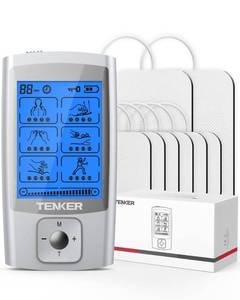 lot 2422 image: TENKER TENS Unit Muscle Stimulator, 24 Modes EMS Machine for Pain Relief TherapyPain Management, Rechargeable Electronic Pulse Massager with 2x2 and 2x4 Electrode Pads (Silver)