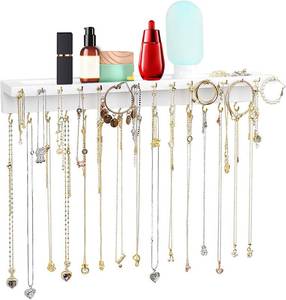 lot 2424 image: YYILIS Necklace Holder, Upgraded Extra Large Wall Necklace Organizer with 30 Hooks Wall Mounted Necklace Hanger with Jewelry TrayCosmetics Shelf Rustic Pine Wood Holder (White)