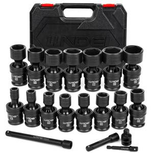 lot 2434 image: LLNDEI 38 Drive Universal Impact Socket Set, 19 Pieces CR-MO Swivel Socket Set, Metric(8-22mm) Wobble Sockets 6 Point with Extension Bars, Adapter and Black Organizer