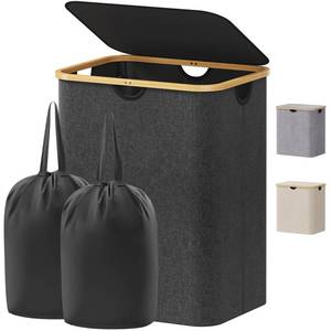 lot 3649 image: Lifewit 120L Laundry Basket with Lid, Clothes Hampers for Laundry with Bamboo Handles and 2 Removable Bag, Large Foldable Laundry Hamper for Bedroom, Bathroom, Dorm, Laundry Room, Dark Gray