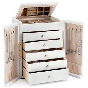 lot 3656 image: Dajasan Large Jewelry Organizer Box, Jewelry Boxes for Women Girls, 6-Tier Jewelry Storage Organizer with Mirror for Necklace Ring Bracelet Watch, Gift Idea (White)