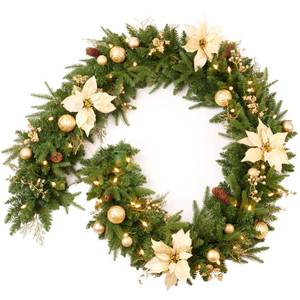 lot 3658 image: AMERZEST Pre-lit 9ft Christmas Garland with Gold Berries and Balls,Pine Cone,Golden Flower and 50 Battery Operated Soft White LED Lights with Timer,Artificial Holiday Decoration Door Outdoor